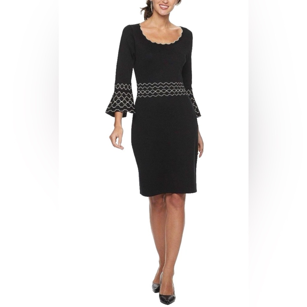 Gabby Skye Dress Black Ivory Medium 6 8 10 Stretch Scalloped NWT